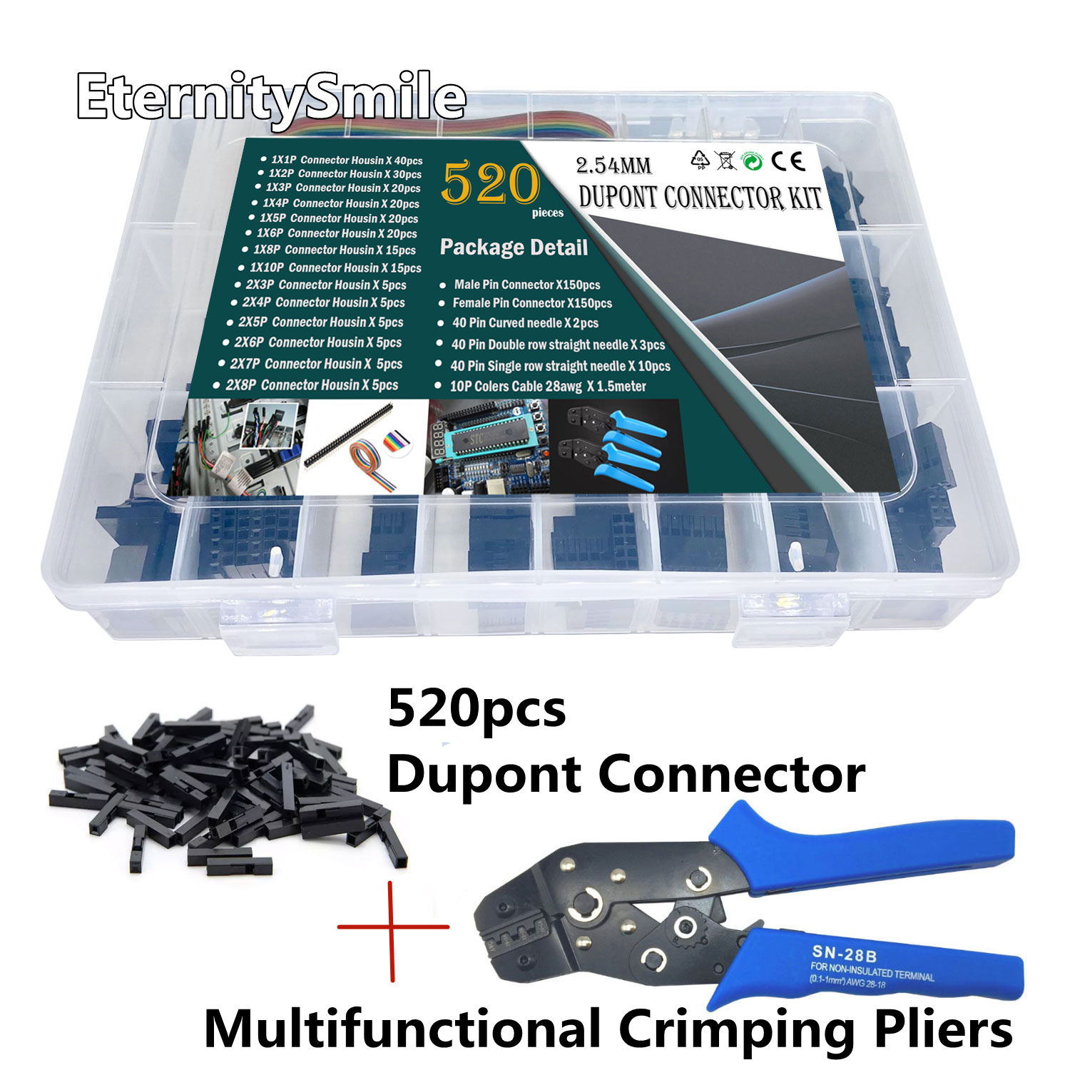 520 개/대 Dupont 와이어 점퍼 핀 헤더 커넥터 하우징 키트 남성 크림프 핀 + 암 핀 커넥터 터미널 피치 박스 포함